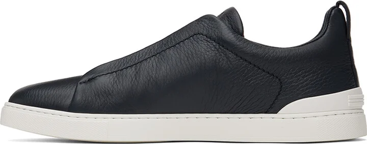 ZEGNA Navy Deerskin Triple Stitch Sneakers - Image 3