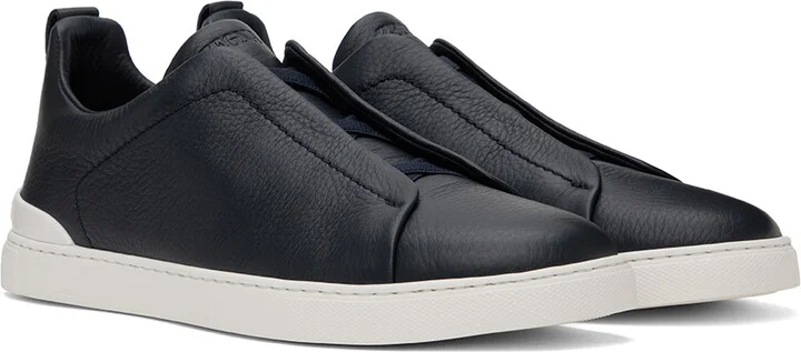 ZEGNA Navy Deerskin Triple Stitch Sneakers - Image 4