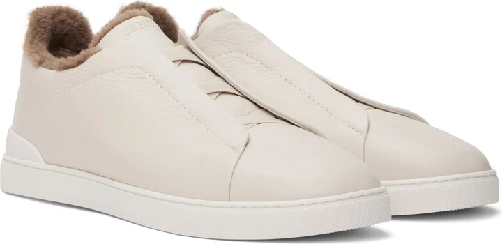ZEGNA Off-White Deerskin Triple Stitch Sneakers - Image 4