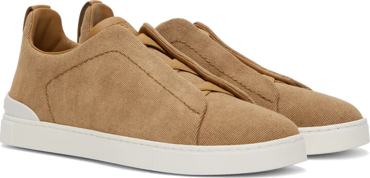 ZEGNA Tan Canvas Triple Stitch Sneakers - Image 4