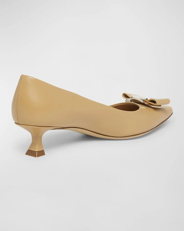 Zelma Leather Bow Kitten-Heel Pumps - Image 2