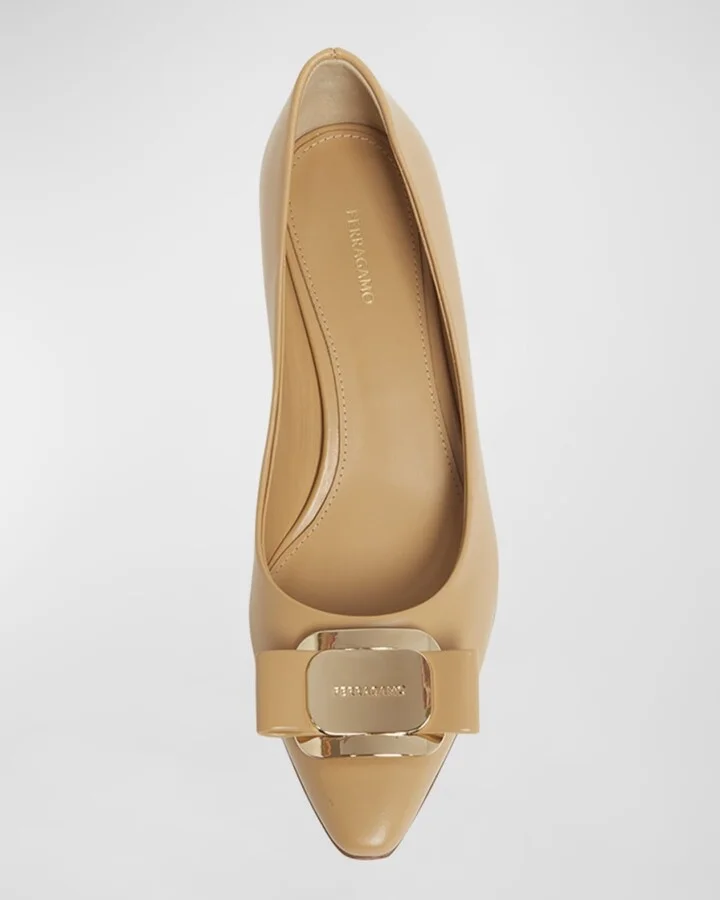 Zelma Leather Bow Kitten-Heel Pumps - Image 3