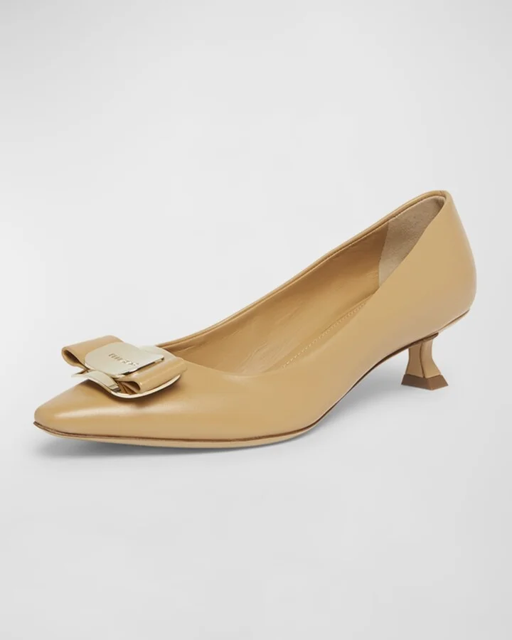 Zelma Leather Bow Kitten-Heel Pumps - Image 4