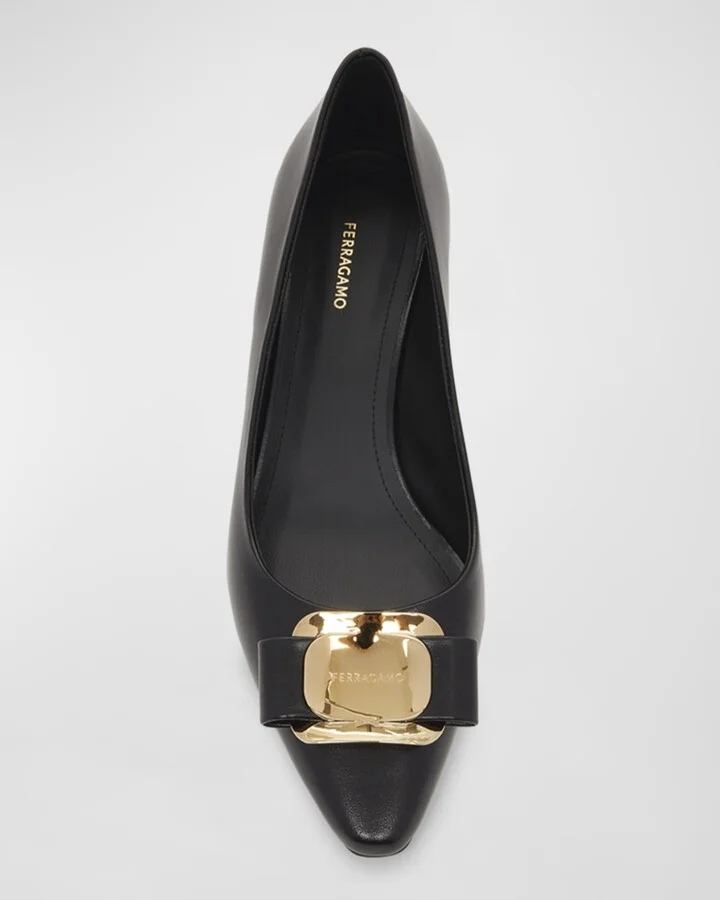 Zelma Leather Bow Kitten-Heel Pumps - Image 4