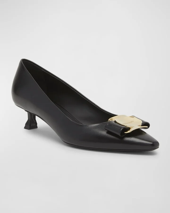 Zelma Leather Bow Kitten-Heel Pumps - Image 6