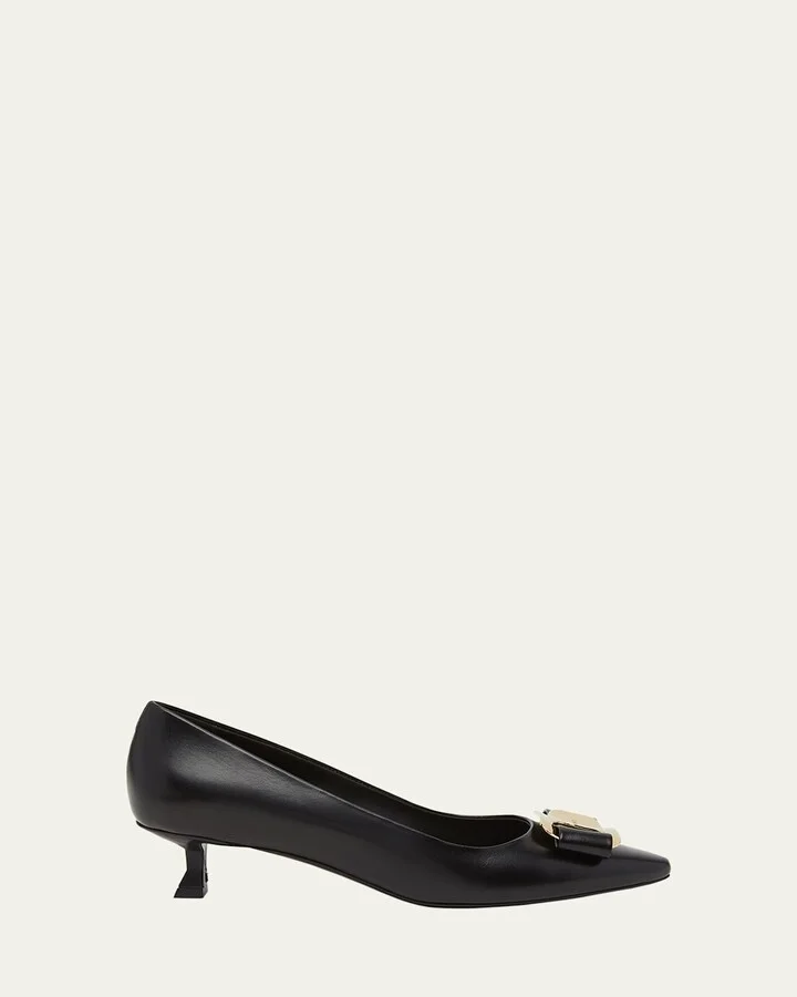 Zelma Leather Bow Kitten-Heel Pumps