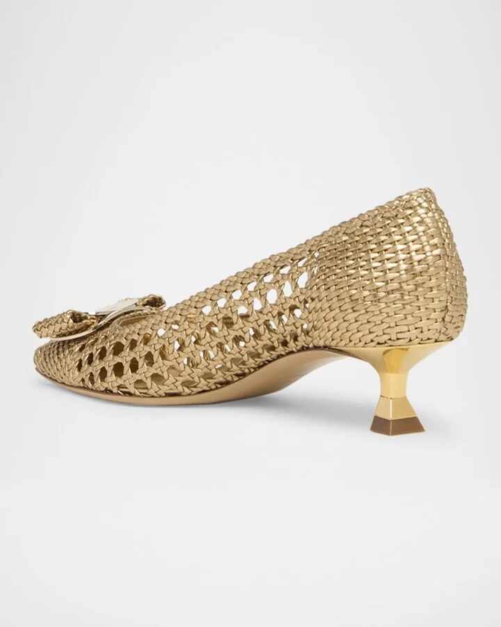 Zelma Metallic Woven Bow Kitten-Heel Pumps - Image 2
