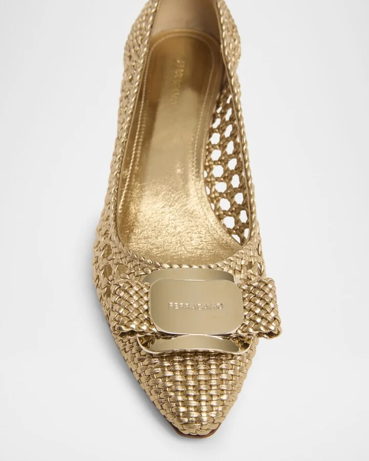 Zelma Metallic Woven Bow Kitten-Heel Pumps - Image 3