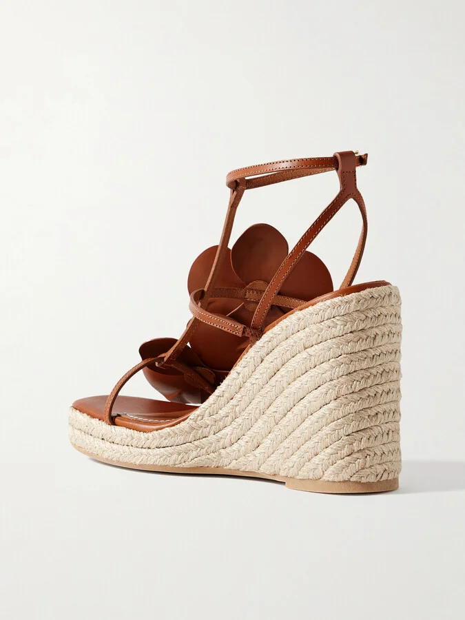 Zimmermann - Orchid Embellished Leather Espadrille Wedge Sandals - Brown - Image 3