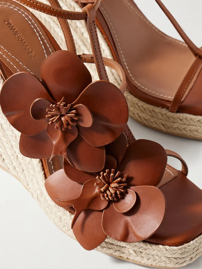 Zimmermann - Orchid Embellished Leather Espadrille Wedge Sandals - Brown - Image 4