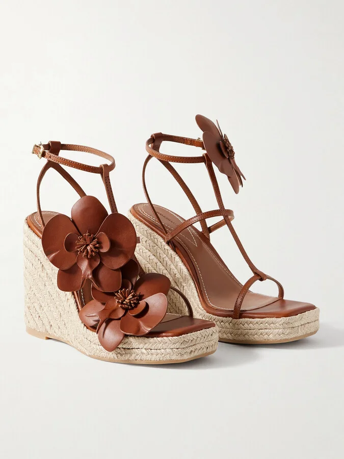 Zimmermann - Orchid Embellished Leather Espadrille Wedge Sandals - Brown