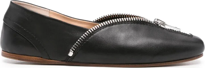 Zip-Detail Leather Ballet Flats
