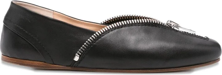 Zip-Detail Leather Ballet Flats