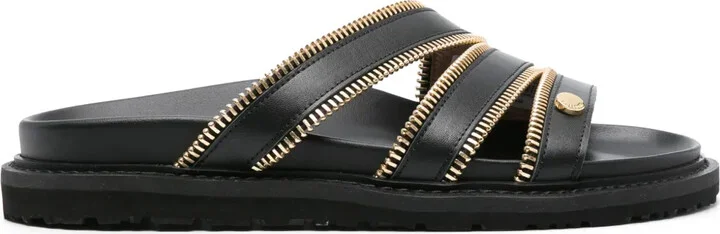 Zip-Embellished Leather Slides