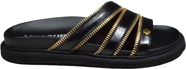 Zipper Black Leather Sandals