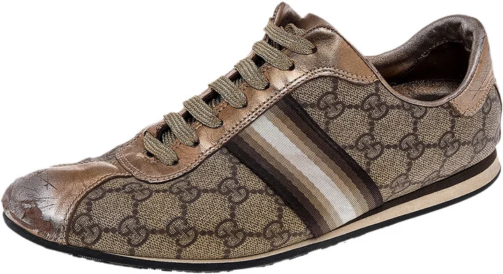 Gucci Beige/Gold Supreme Canvas And Leather Web Low Top Sneakers Size 39.5